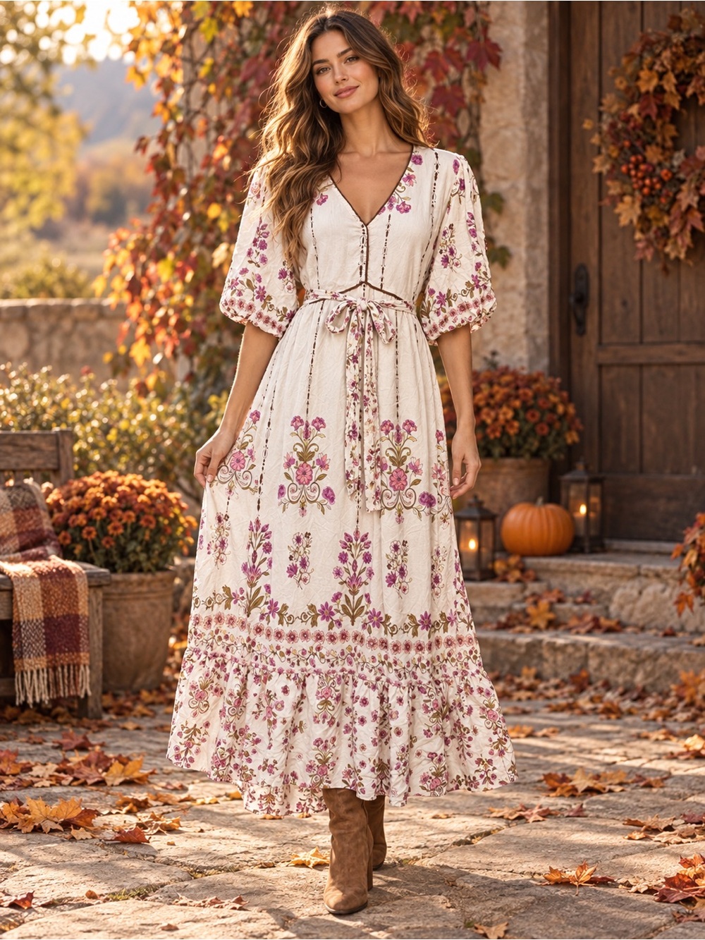 Women’s Ivory Pink Floral Boho Puff-Sleeve Maxi Dress Large